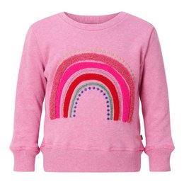 A pink sweatshirt with a colorful rainbow graphic, suitable for kids. The sweatshirt is made of peachskin melange fabric and available in sizes 98-104, 110-116, 122-128, 134-140, and 146-152.