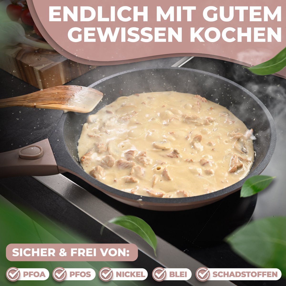 Bak Pan 24 cm, niet -stick coating, verwijderbare handgrepen, inductie, ovenfestival (roze)