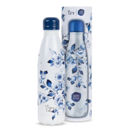Delft blue patterned thermos bottle with a capacity of 500ML, featuring a floral design and specifications including 24-hour cold, 12-hour warm, and 100% leak-proof.