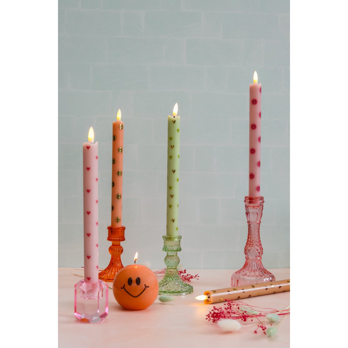 LED Candle Pillar Hearts Green - Set of 2