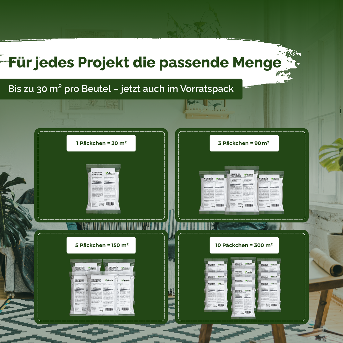 Vliestapetenkleister, Tapetenkleber – Kleister Vliestapete, gebrauchsfertig in 10 Min, STARKE KLEBKRAFT, 1 Beutel reicht für 30 m², fleckenfrei & korrigierbar