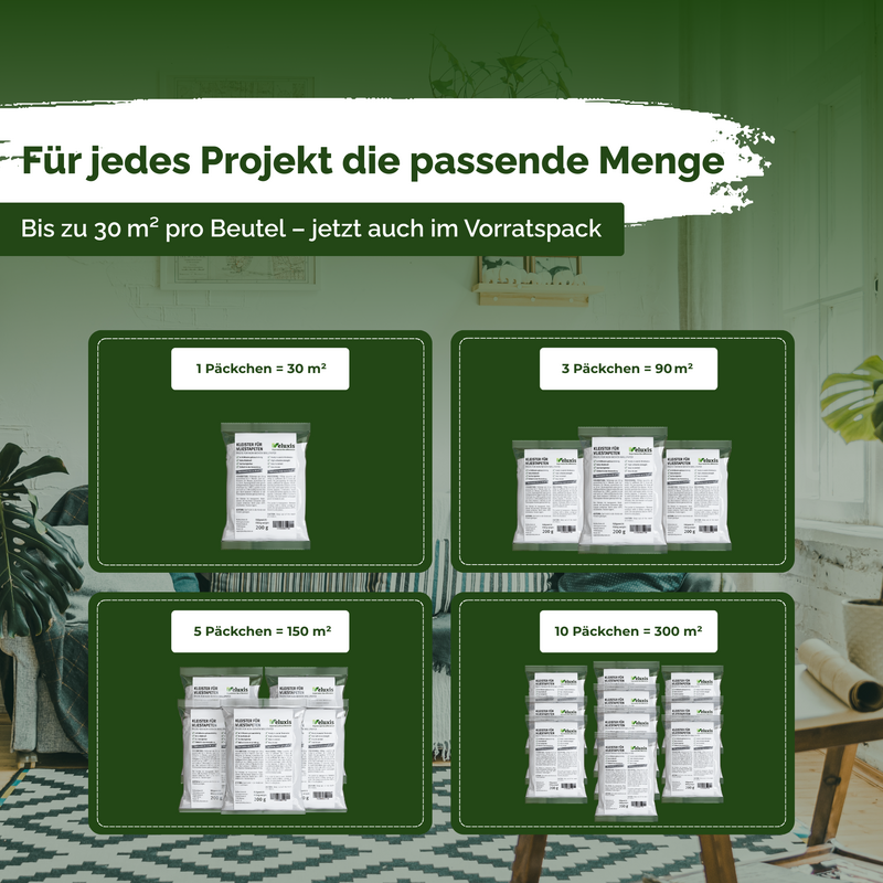 Vliestapetenkleister, Tapetenkleber – Kleister Vliestapete, gebrauchsfertig in 10 Min, STARKE KLEBKRAFT, 1 Beutel reicht für 30 m², fleckenfrei & korrigierbar
