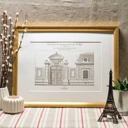 Porte Cochere Paris Letterpress Poster - A detailed architectural illustration of a historic Parisian building, featuring a grand arched entryway, ornate stone facade, and decorative elements. This poster captures the classic Parisian style and would make a stylish addition to any home or office decor.