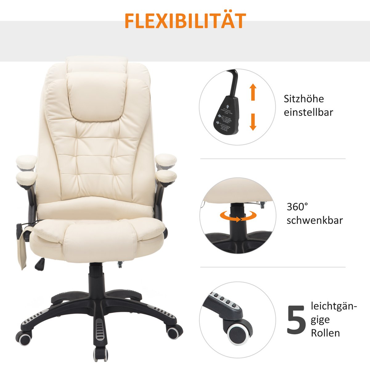 Silla de oficina con función de masaje, función de calor, altura regulable, función de inclinación, silla de oficina de masaje, blanco crema + negro
