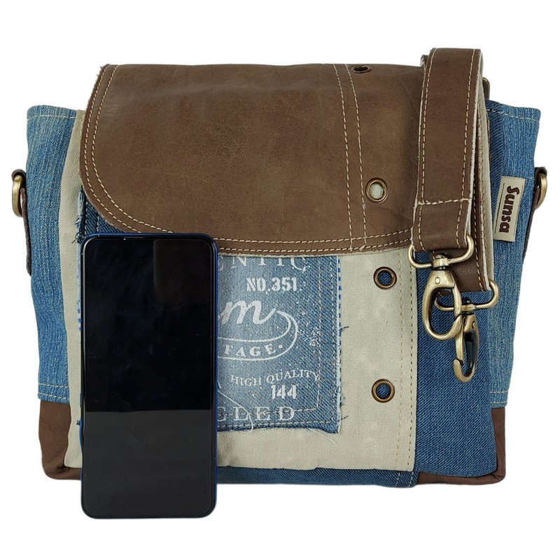 Sunsa damestas. Handtas gemaakt van upcycled jeans en canvas. Schoudertas in messenger-vorm. Schoudertas in vintagestijl. Grote crossbodytas voor dames