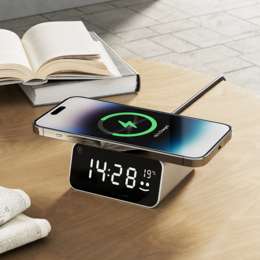  Wireless charger and clock with digital display, available in argent and noir colors.