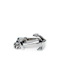 Anchor-shaped tie bar in silver-tone metal with a nautical-inspired shark print pattern.