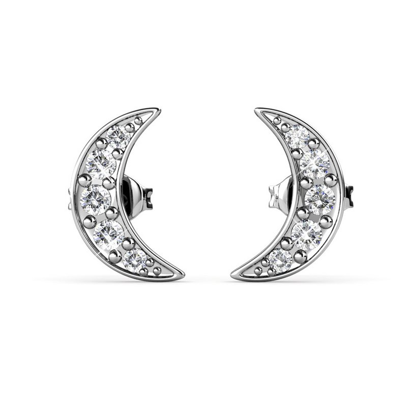 Crescent Moon Earrings - Silver and Crystal