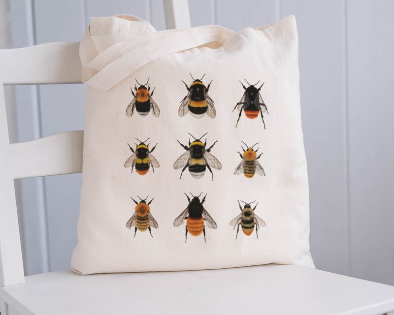 Bio Baumwolltasche Hummeln, Stofftasche bedruckt, Jutebeutel für Naturliebhaber