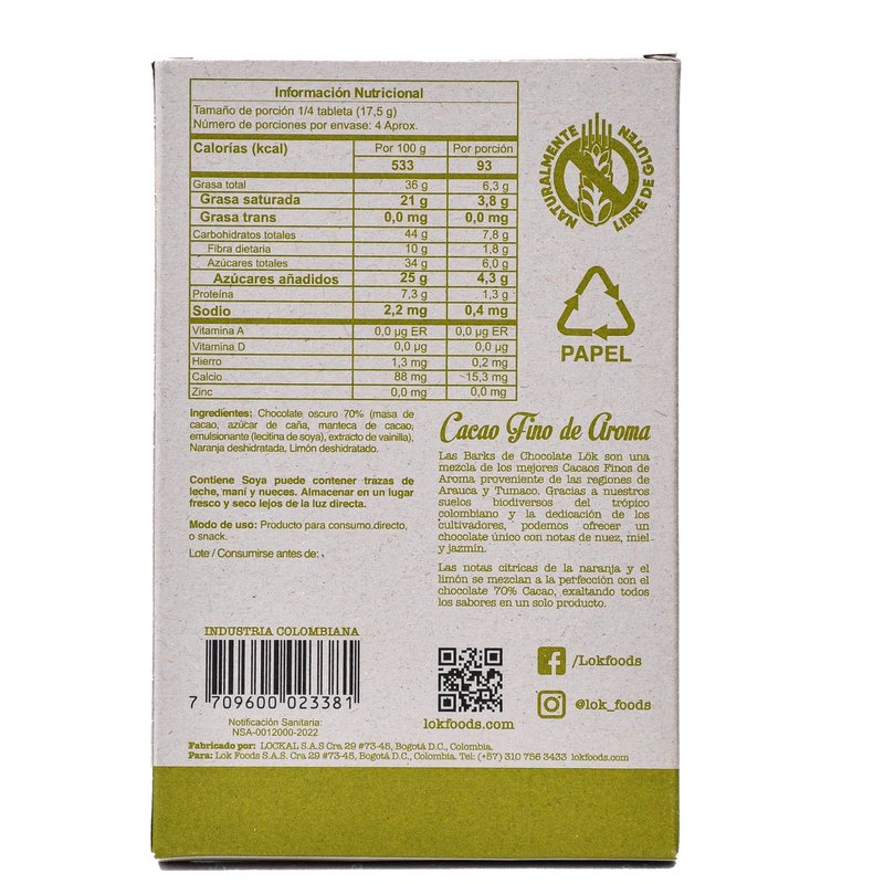 Barretta di cioccolato fondente con arancione e limone | 70% Cacao | 70G