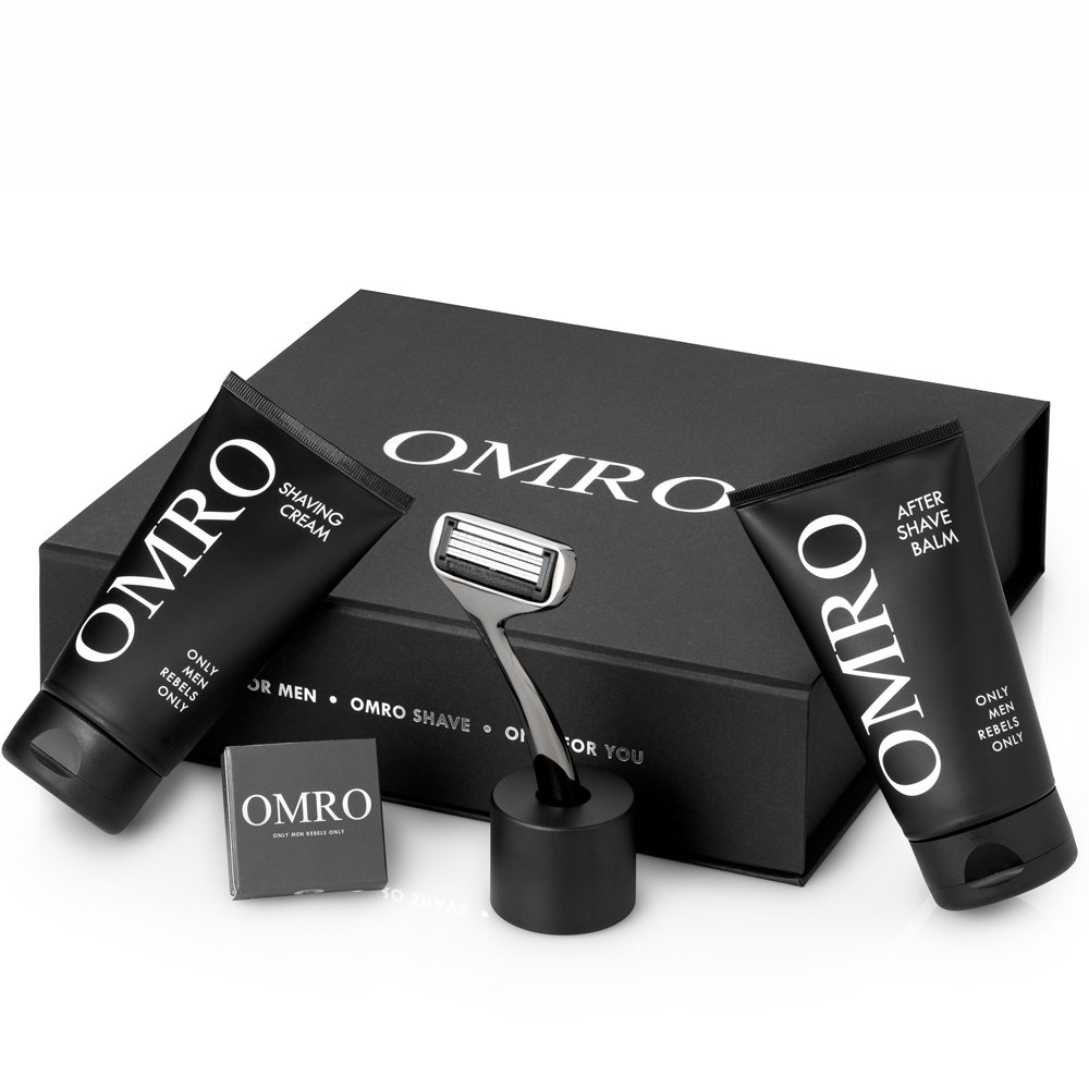 Set de afeitado OMRO SHAVE v. Classic - maquinilla de afeitar, 2 cremas de afeitar, soporte para maquinilla de afeitar, hojas de afeitar