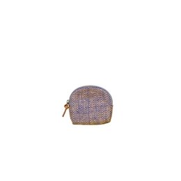 A small, round coin purse in a herringbone blue pattern, made of a durable material and featuring a gold-tone zipper closure.