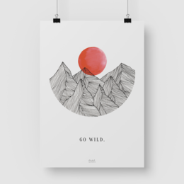 "Art print with abstract mountain landscape and red sun. Minimalist design with text 'Go wild'."
