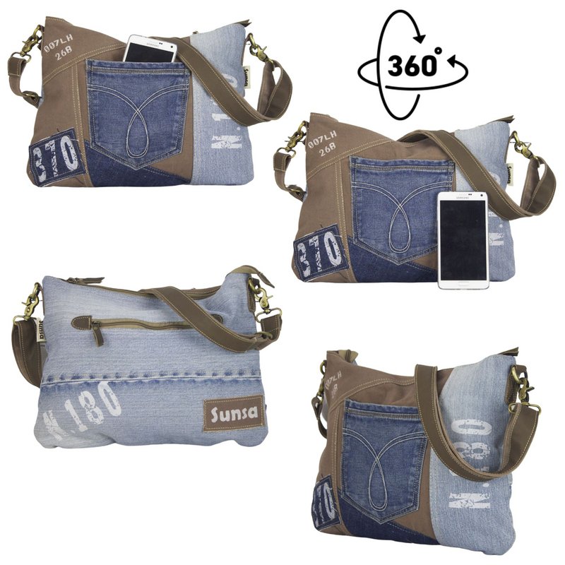 Sunsa Bæredygtig Skuldertaske til kvinder. Skuldertaske lavet af genbrugte jeans & canvas (canvas). Håndtaske i vintage retro stil. Crossbody taske til kvinder.