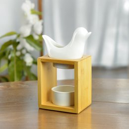 Naturea Series Perfume Burner – Birdy White – Bamboo and Ceramic Candle Holder – Diffusion of Scented Wax, Essential Oils – Gift Idea