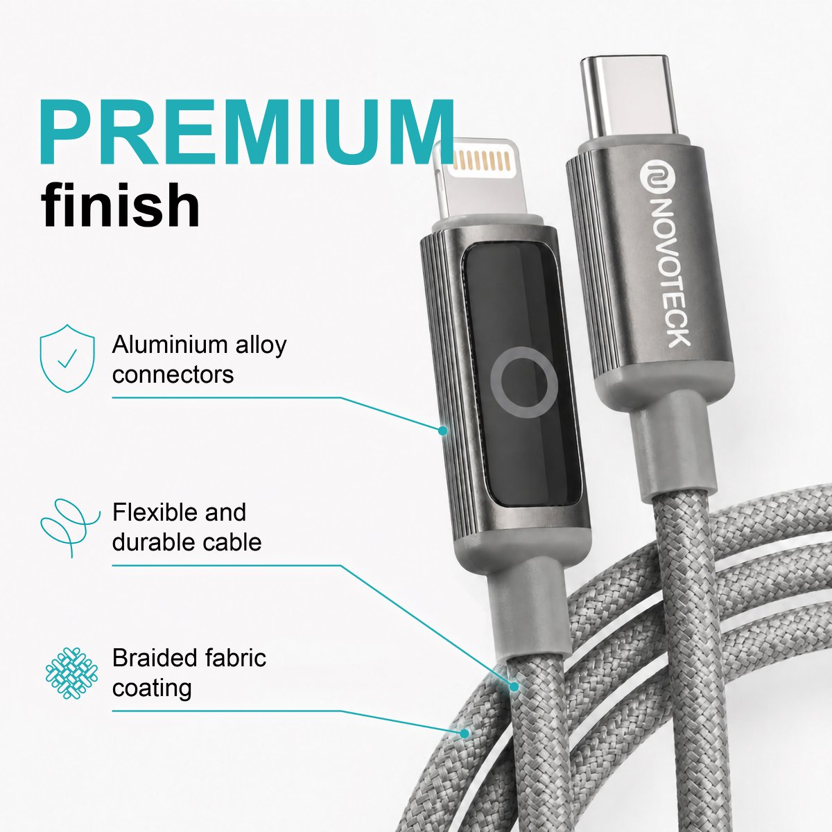 Cable NOVOTECK S-144 USB-C a Lightning: carga rápida de 30 W, 1 m, indicador LED y transferencia de datos