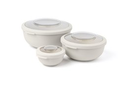 Set of 3 stackable lunch boxes in oat and charcoal colors with airtight lids.