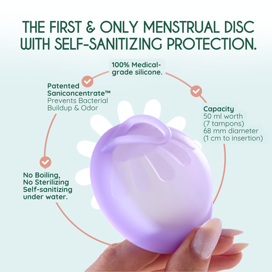 Disco menstrual seguro universal Femi.Eko®: comodidad reutilizable con tecnología antibacteriana SaniConcentrate™, capacidad de 50 ml