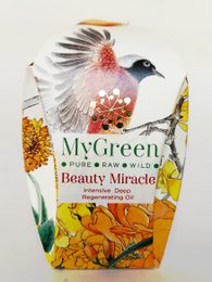 A small glass bottle with an orange liquid and a label that says "Beauty Miracle Oil" from the brand MyGreen. The bottle has a dropper cap and is surrounded by yellow and orange flowers.