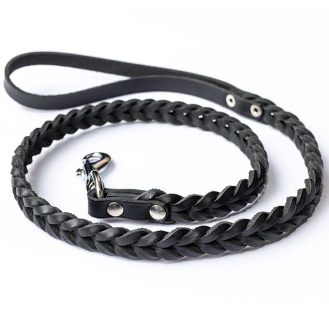 Genuine Braided Leather Dog Leash in Black