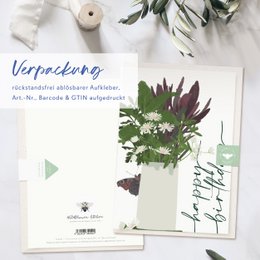 Foldekort 'happy birthday' vase med blomster og sommerfugl, inklusive kuvert