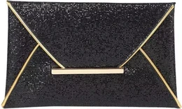 Glittery black clutch with metallic accents and a sleek, envelope-style design.