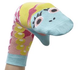 Colorful mermaid-themed children's sock puppet with a whimsical design featuring a mermaid-like tail and vibrant colors including yellow, pink, and blue.