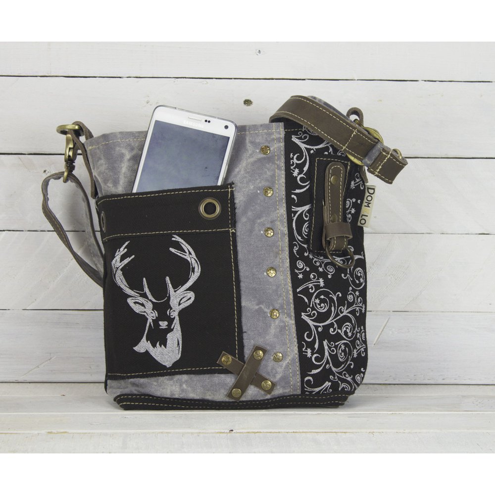 Traditionele tas van Domelo. Dames schoudertas. Dirndl schoudertas gemaakt van canvas en leer. Handtas in traditionele stijl met hertenedelweissprint. Crossbodytas voor dames als Oktoberfest-accessoire.