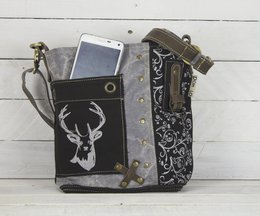 Domelo Trachtentasche. Damen Umhängetasche. Dirndl Schultertasche aus Canvas ( Segeltuch) & Leder. Handtasche in Trachten Stil mit Reh Edelweiß Aufdruck. Crossbody Tasche für Frauen als Oktoberfest Accessoires.