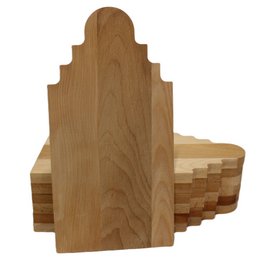 Rectangular wooden serving board with decorative arched top, made of natural oak wood, suitable for serving cheese, appetizers, or as a charcuterie board.
