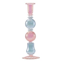 Tall, round pink and blue glass candlestick from Moonlight Copenhagen. Features a glass base and decorative glass elements.