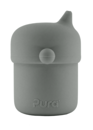Gray silicone spout cup, round shape, 150ml capacity, child-friendly drinking vessel with secure lid.