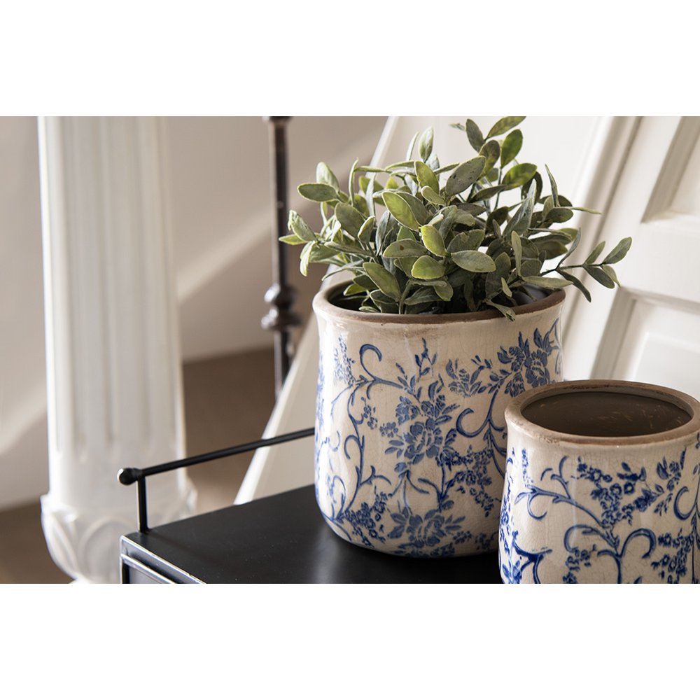 Bloempot Ø 17x16 cm Blauw Wit Keramiek Bloemen Bloempot Binnen