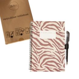 Reusable notebook with a pink and white zebra print pattern cover. The notebook has a spiral binding and a pen included.