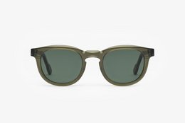 Green sunglasses with a classic wayfarer style frame and dark green lenses.