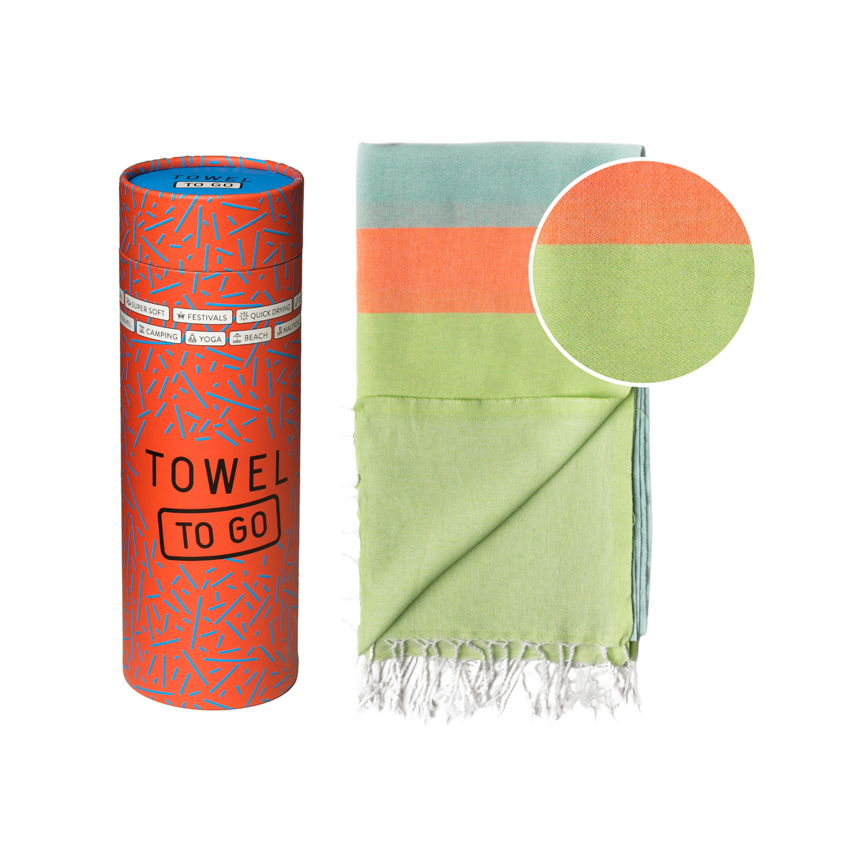TOWEL TO GO NEON Recycled Cotton Beach Towel 180x100 cm | Sand Free | Green / Blue | with Gift Box