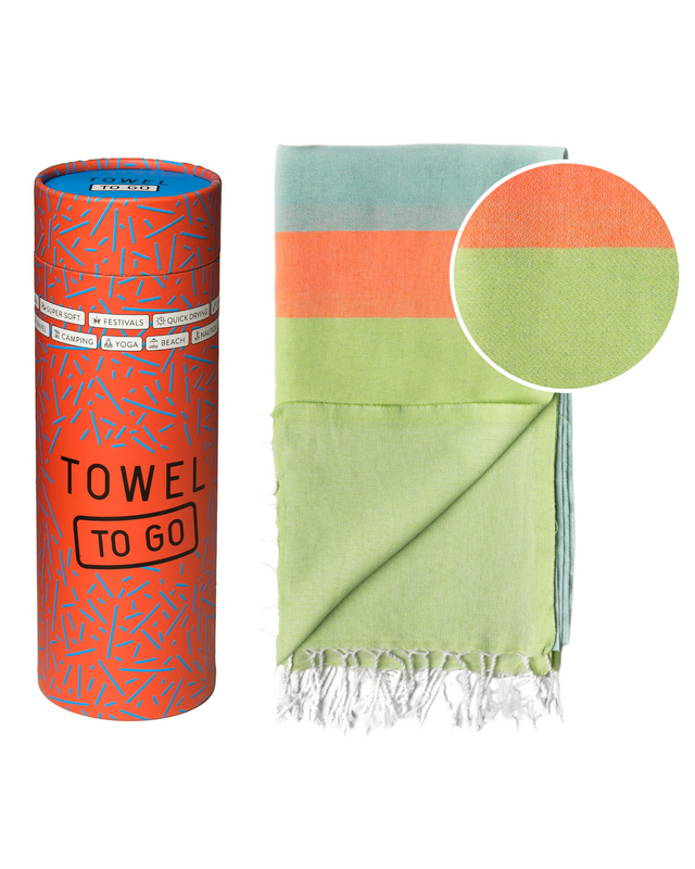 TOWEL TO GO NEON Recycled Cotton Beach Towel 180x100 cm | Sand Free | Green / Blue | with Gift Box