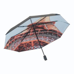 Eiffel Tower umbrella, blue and red, windproof, compact foldable design, Paris landmark print