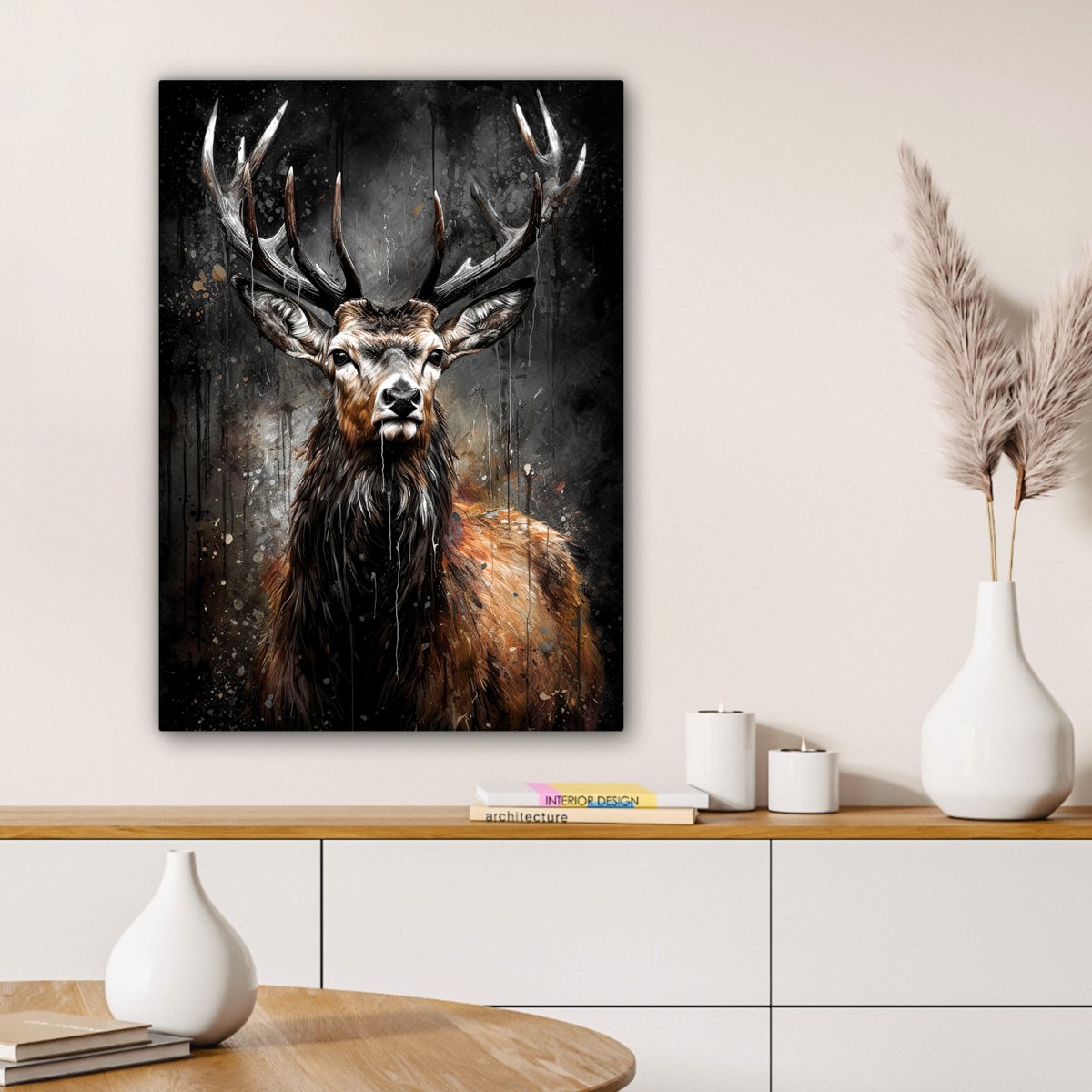 Leinwand Malerei - Wanddekoration Hert - Schwarz - Tier - Hirschbett - Wanddekoration Wohnzimmer - Schlafzimmer Dekoration - Raumzubehör - Leinwand Gemälde