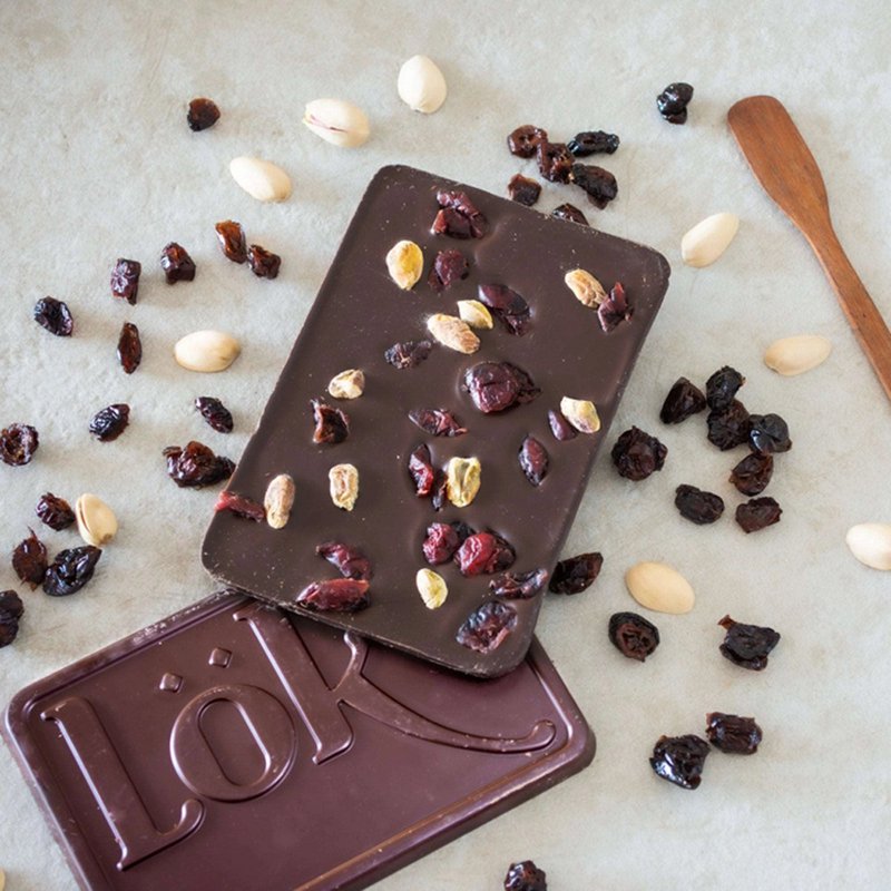 Dunkle Schokoladenbar mit Nüssen: Pistazien und Cranberries | 70% Kakao | 85G