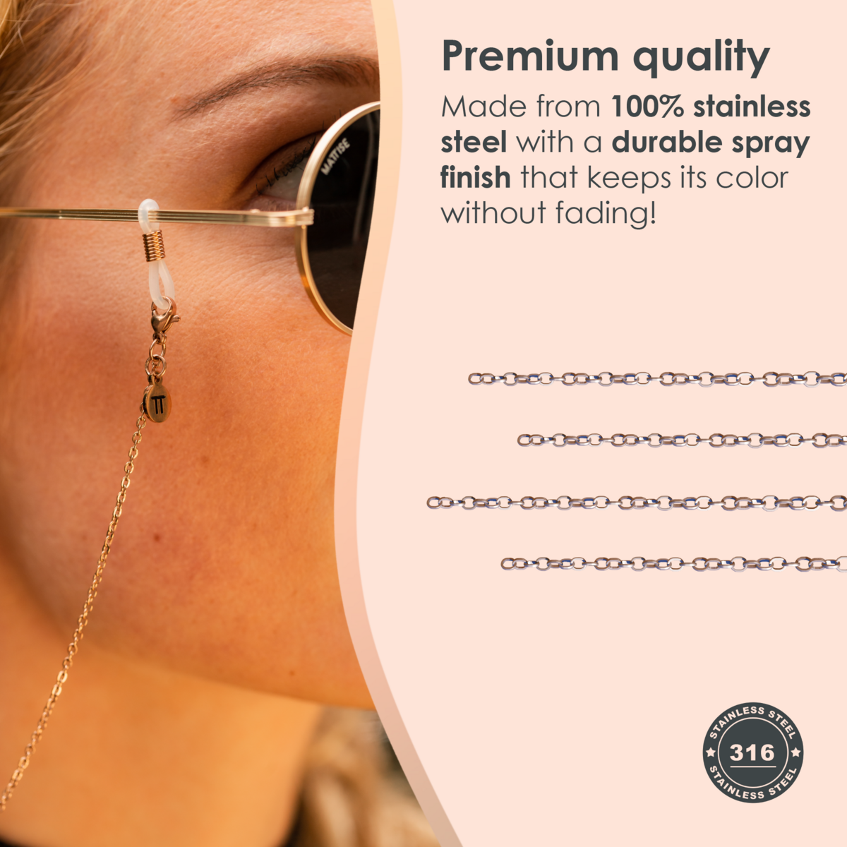 Glasses Cord Basic Rose Gold — 100% Stainless Steel & Unisex Eyewear Cords for Women and Men — Glasses Chain with Extra Loops — Brillenkoord Brillenband Brillenkette Cordon de Lunettes Cordón Para Gafas