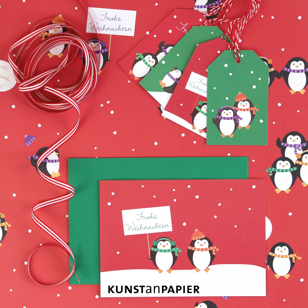 Weihnachtskarte Pinguin Peter Grün