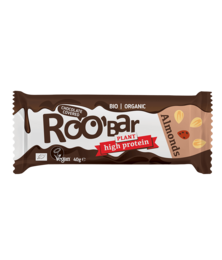 Organic almond and protein bar covered in chocolate, 40g. High protein, vegan, gluten-free.