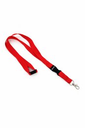 Red lanyard with black clasp. Useful for holding keys, ID badges, or other small items.