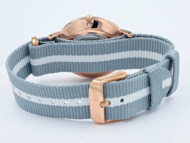 Moderno Milano stainless steel women's watch 36.5 mm, sapphire crystal & nylon NATO strap (light blue-white), rose gold-colored