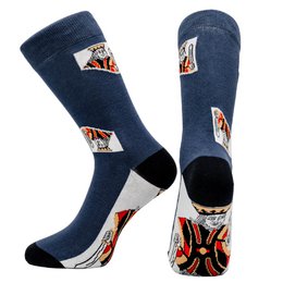  "Card game socks in navy blue with a colorful card game pattern. Made of soft, comfortable material for everyday wear."

The card game socks feature a navy blue base color with a vibrant, colorful pattern depicting various playing card symbols and designs. The socks appear to be made of a soft, stretchy material suitable for everyday wear. The pattern includes shapes and symbols commonly found on playing cards, such as hearts, diamonds, spades, and clubs, creating a fun and playful aesthetic.