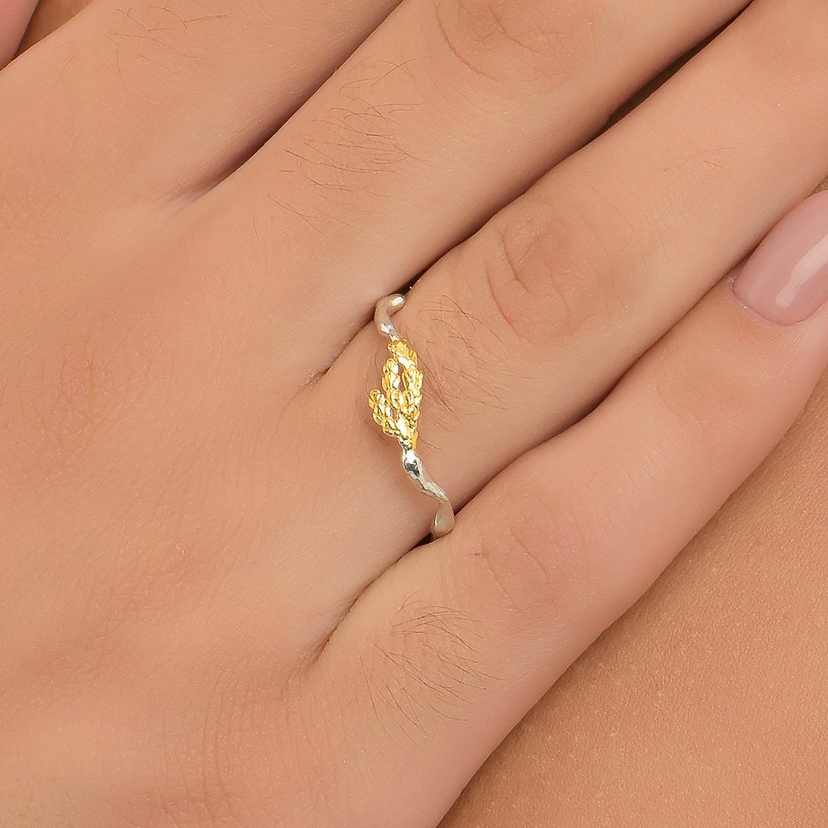 Silver Branch Ring, Jasmine and Juniper Gold-Plated Silver Ring, Leaf Band, Gold and Silver Jewelry, Gift for Her, Birthday Gift for Women