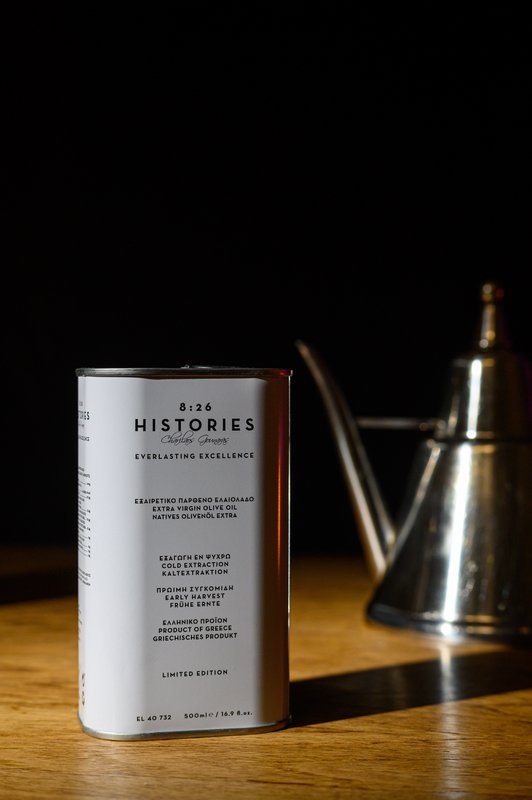 8:26 Histories Organic Extra Virgin Olivenolie 500 ml dåse Premium Single Edition
