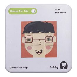 Smiling face character toy block, glasses, beige wood construction, educational game.
