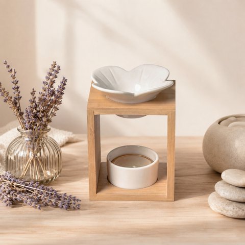 Perfume Burner Naturea Series - Plumeria - in Ceramic and Bamboo - Aromatherapy, Scented Waxes, Essential Oils - Decorative Gift Idea
